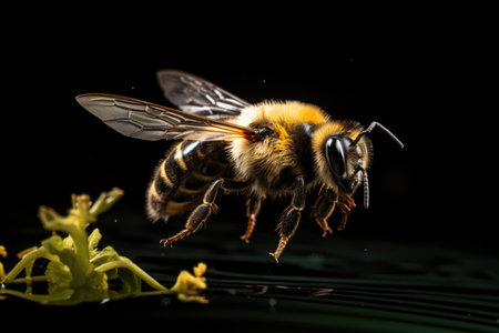 Close up of bee flying by flowers on black background, created using generative ai technologyの素材