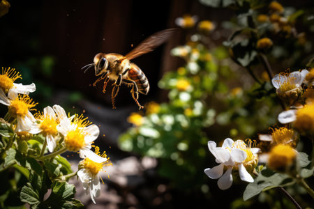 Close up of bee hovering by yellow and white flowers in sun, created using generative ai technologyの素材