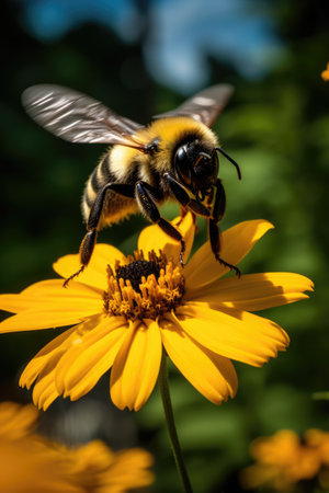 Close up of bee hovering over yellow flower in sun, created using generative ai technologyの素材