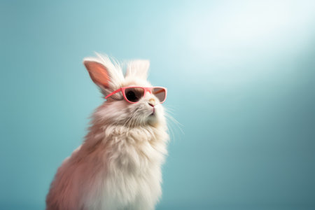 Rabbit wearing sunglasses on blue background, created using generative ai technologyの素材