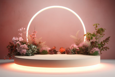 Lit round display podium with plants on pink background, created using generative ai technologyの素材