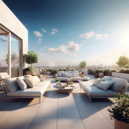 Luxury penthouse terrace with outdoor furniture, created using generative ai technologyの素材