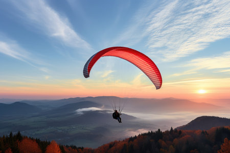 Paraglider drifting over countryside landscape at sunset, created using generative ai technologyの素材