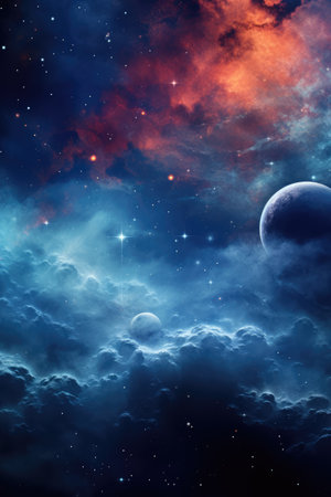 Nebula with stars, moon and multicoloured clouds background, created using generative ai technologyの素材