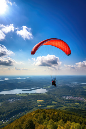 Paraglider drifting over countryside landscape with clouds, created using generative ai technologyの素材