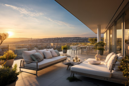 Luxury penthouse terrace with outdoor furniture at sunset, created using generative ai technologyの素材