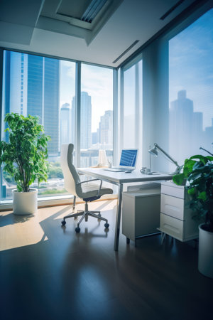 Modern office space with large window, created using generative ai technologyの素材