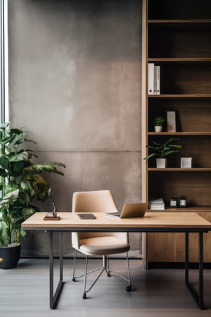 Modern office space with desk and furniture, created using generative ai technologyの素材
