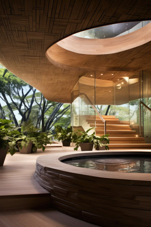 Relaxation pool with plants and stairs at modern health spa, created using generative ai technologyの素材