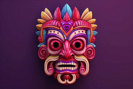 Colourful tiki mask on purple background, created using generative ai technologyの素材