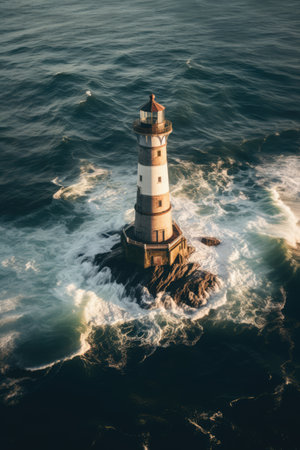 Lighthouse on rock and calm seas, created using generative ai technologyの素材