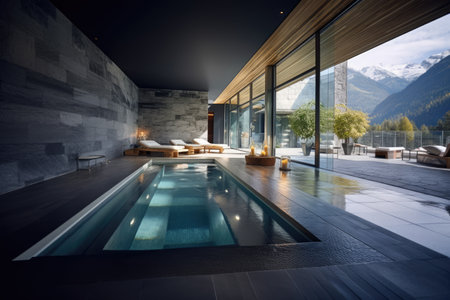 Relaxation pool at modern health spa with view to mountains, created using generative ai technologyの素材