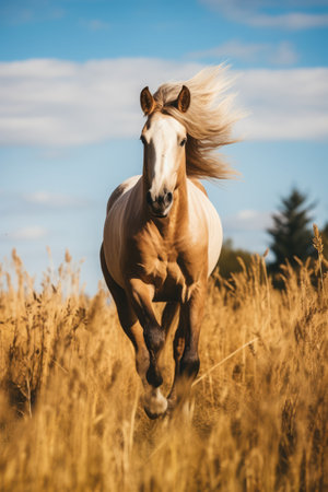 Brown horse galloping in field on sunny day, created using generative ai technologyの素材