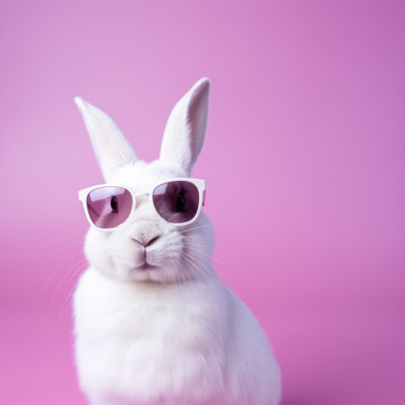 Rabbit wearing sunglasses on pink background, created using generative ai technologyの素材