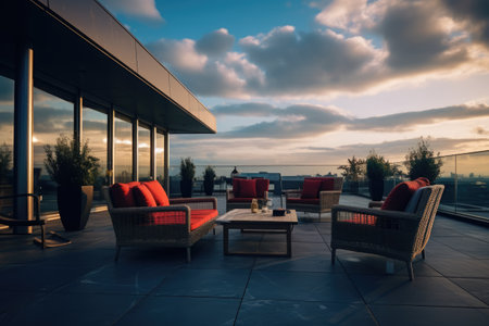 Luxury penthouse terrace with outdoor furniture, created using generative ai technologyの素材