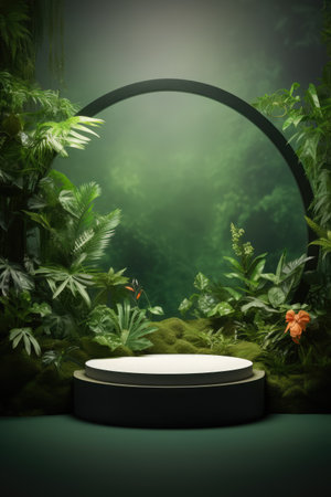Round display podium with plants on green background, created using generative ai technologyの素材