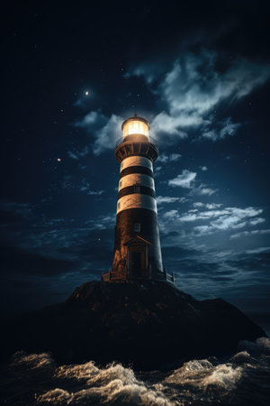 Lighthouse and stormy seas at night, created using generative ai technologyの素材