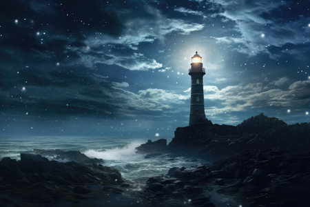 Lighthouse and stormy seas at night, created using generative ai technologyの素材