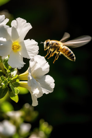 Close up of bee hovering by white flowers in sun, created using generative ai technologyの素材