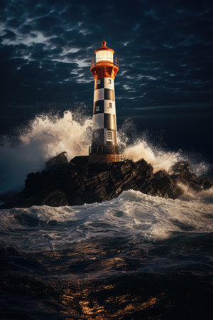 Lighthouse and stormy seas at night, created using generative ai technologyの素材