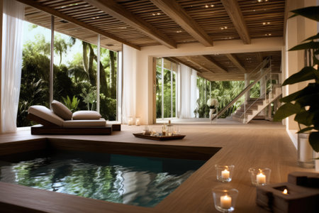 Relaxation pool room at modern health spa with garden view, created using generative ai technologyの素材