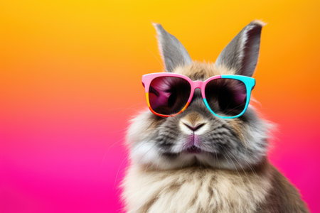 Rabbit wearing sunglasses on orange to pink background, created using generative ai technologyの素材