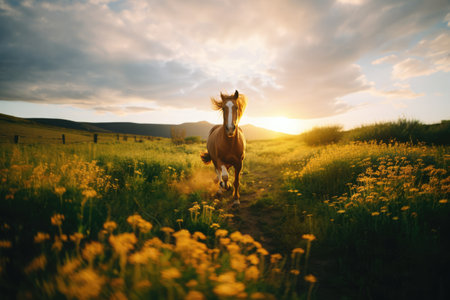 Brown horse galloping in field on sunny day, created using generative ai technologyの素材
