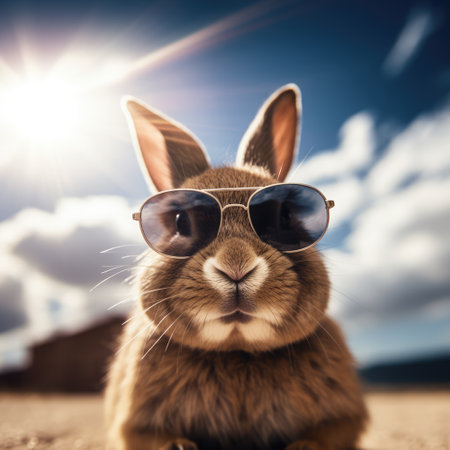 Rabbit wearing sunglasses in field on sunny day, created using generative ai technologyの素材