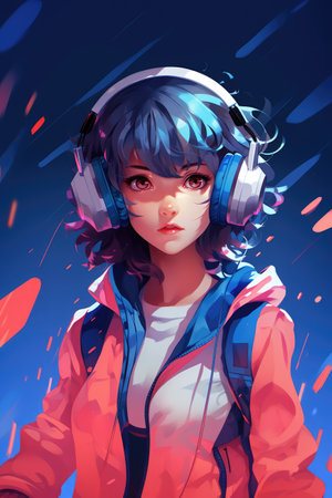 Lofi anime girl wearing headphones on blue background, created using generative ai technologyの素材