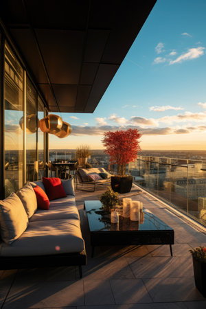 Luxury penthouse terrace with outdoor furniture, created using generative ai technologyの素材