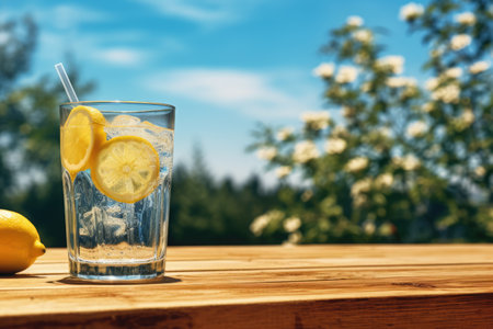Glass of cold lemonade with lemon slice on wooden surface, created using generative ai technologyの素材
