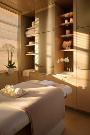 Massage couch and cupboards in therapy room at health spa, created using generative ai technologyの素材