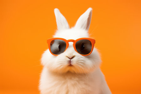 Rabbit wearing sunglasses on orange background, created using generative ai technologyの素材