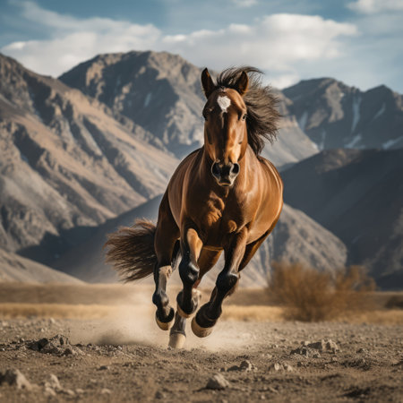 Brown horse galloping in field on sunny day, created using generative ai technologyの素材
