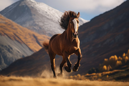Brown horse galloping in field on sunny day, created using generative ai technologyの素材