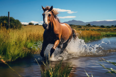 Brown horse galloping in water on sunny day, created using generative ai technologyの素材