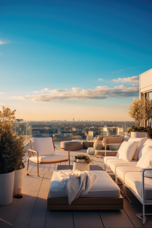 Luxury penthouse terrace with outdoor furniture, created using generative ai technologyの素材