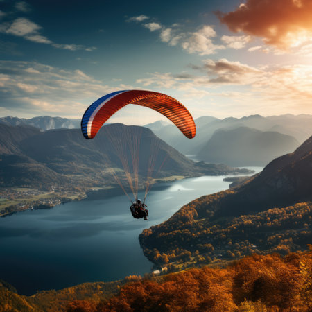 Paraglider drifting over countryside landscape with clouds, created using generative ai technologyの素材
