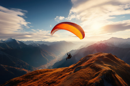 Paraglider drifting over countryside landscape with clouds, created using generative ai technologyの素材