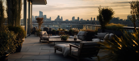 Luxury penthouse terrace with outdoor furniture at sunset, created using generative ai technologyの素材