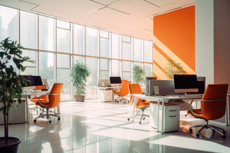 Modern office space with large window, created using generative ai technologyの素材
