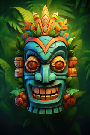 Colourful tiki mask over tropical leaves, created using generative ai technologyの素材