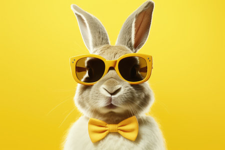 Rabbit wearing sunglasses on yellow background, created using generative ai technologyの素材