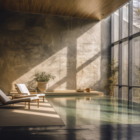Sunlight on chairs and relaxation pool at modern health spa, created using generative ai technologyの素材