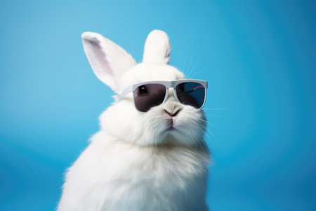 Rabbit wearing sunglasses on blue background, created using generative ai technologyの素材