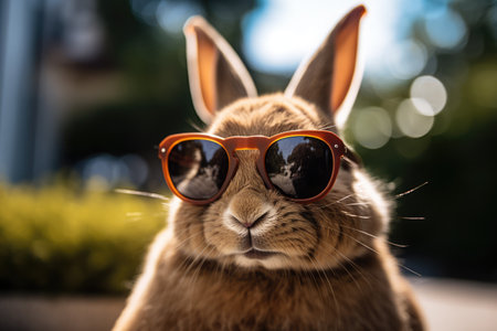 Rabbit wearing sunglasses in garden on sunny day, created using generative ai technologyの素材