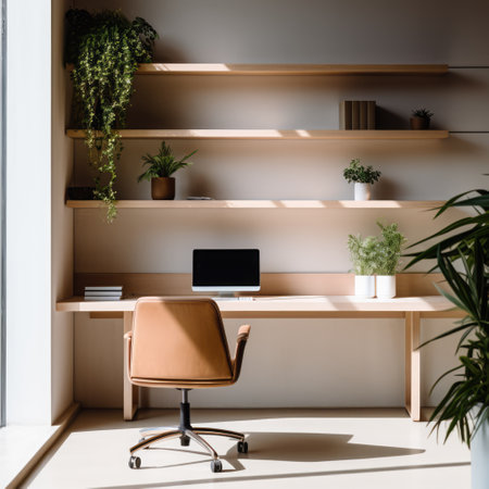 Modern office space with desk and furniture, created using generative ai technologyの素材