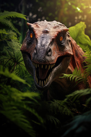 Headshot of dinosaur with plants in forest, created using generative ai technologyの素材
