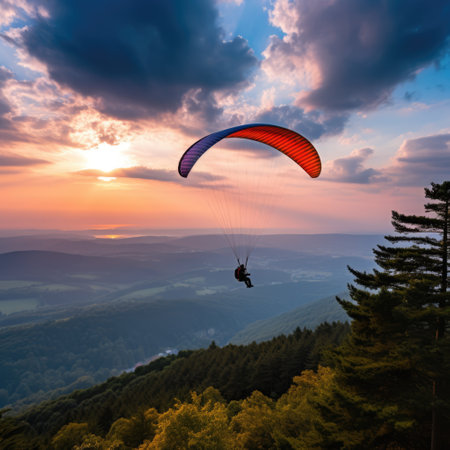 Paraglider drifting over countryside landscape at sunset, created using generative ai technologyの素材