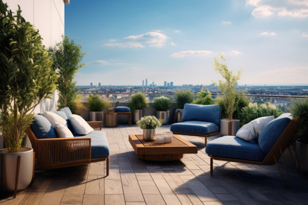 Luxury penthouse terrace with outdoor furniture, created using generative ai technologyの素材